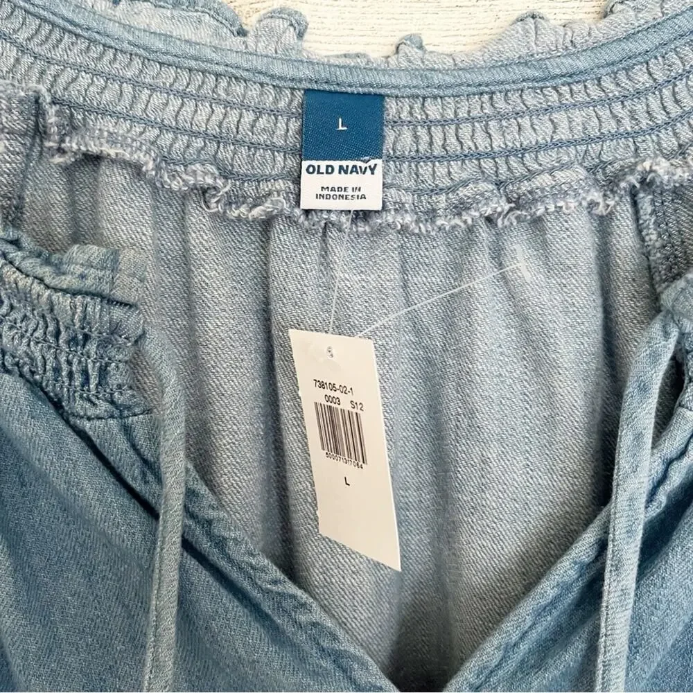 OLD NAVY Puff Sleeve Denim Poet Blouse Ruffle Trim Size L NWT!